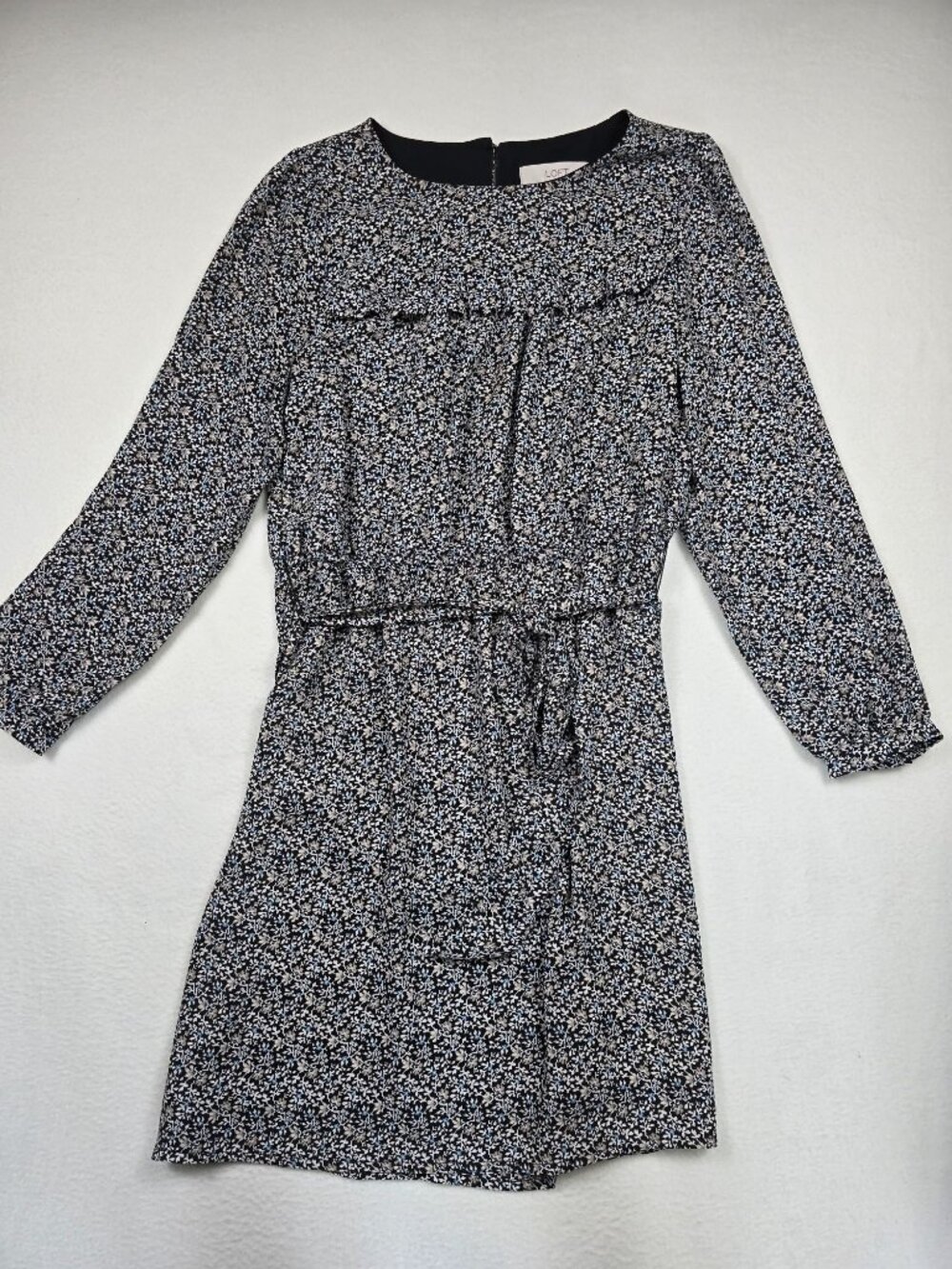 Loft Petites 12P Floral Print Black & Blue Long Sleeve Tie Waist Dress